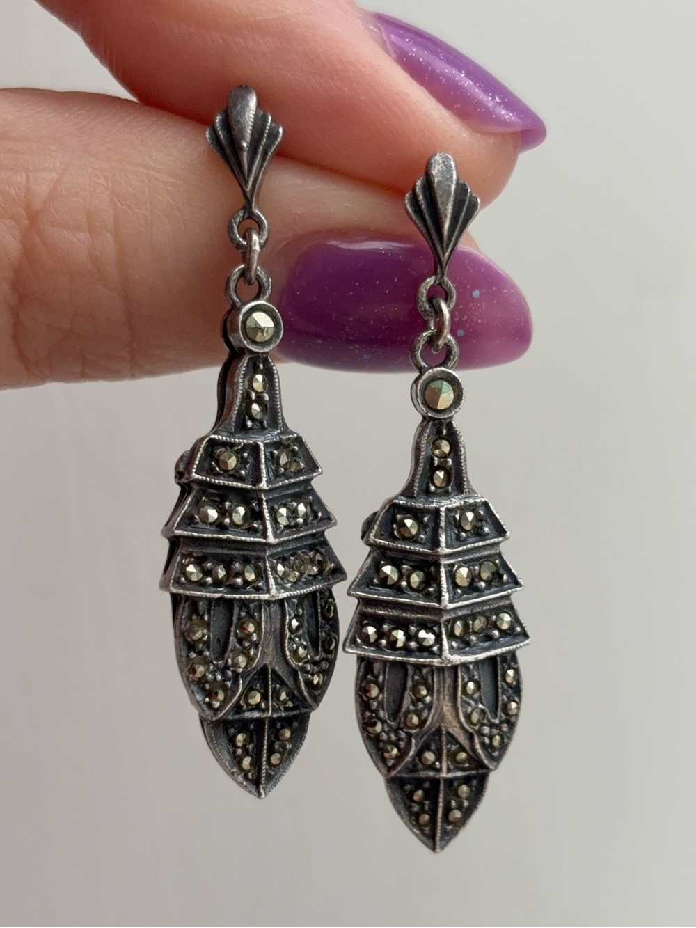 Sterling Silver Art Deco Vintage Marcasite Gemstone Drop Dangle Earrings